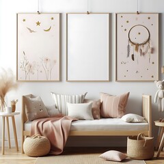 A couch with pillows and a poster on the wall image attractive lively used for printing.