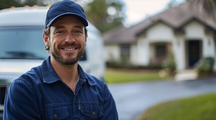 man blue shirt cap standing front white truck smile face house home wearing plumber uniform vanguardist alternate beard black jacket merchant collector yellow trim net