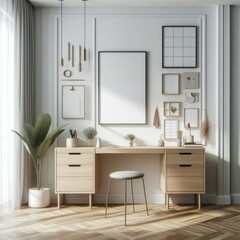 A desk with a chair and a plant in front of it image art lively used for printing.