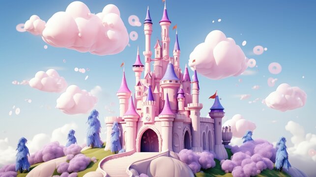 flat design side view magical castle theme 3D render 