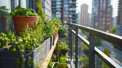 A high-rise apartment balcony turned into a lush kitchen garden, containers of herbs and vegetables, overlooking a cityscape, urban farming concept. Bright daylight, space-efficient setup. Created
