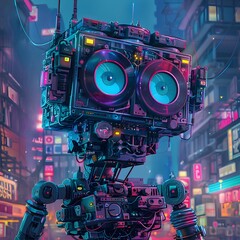 Futuristic Mechanical Automaton Exploring Neon Lit Cityscape at Night