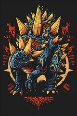 Mystical Stegosaurus Emblem with Hieroglyphic Plates and Spikes on Dark Background