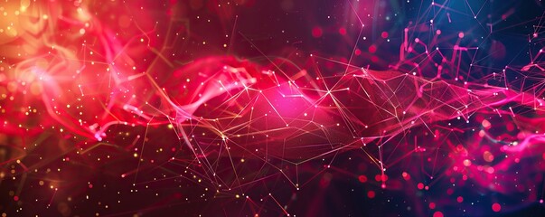 A broad horizontal design showcasing bright red and pink plexus connections flowing elegantly across a dark background