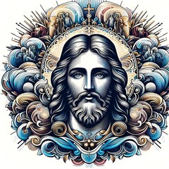 A drawing of a jesus christ with long hair and a beard image realistic harmony lively has illustrative meaning illustrator.