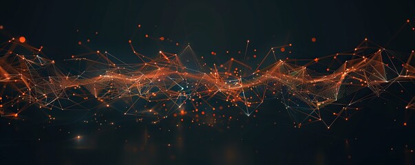 A broad horizontal design showcasing neon orange and soft gold plexus connections stretching across a dark canvas