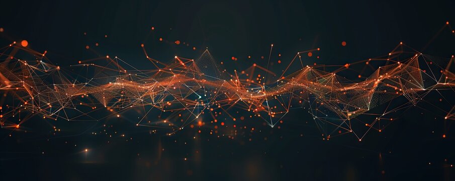 A broad horizontal design showcasing neon orange and soft gold plexus connections stretching across a dark canvas