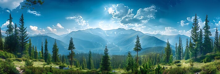 Mountain landscape with green pine trees realistic nature and landscape