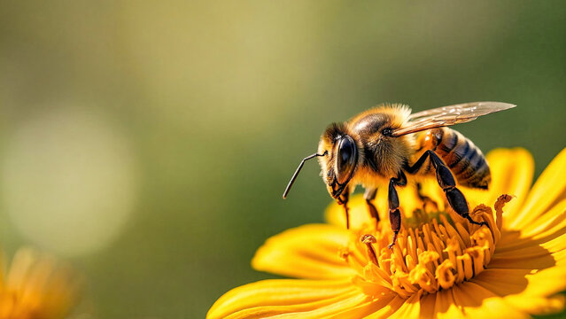 Honey bee and beautiful yellow flower, spring summer season, Wild nature landscape, banner, beauty in Nature. Honey bee on yellow flower collect pollen