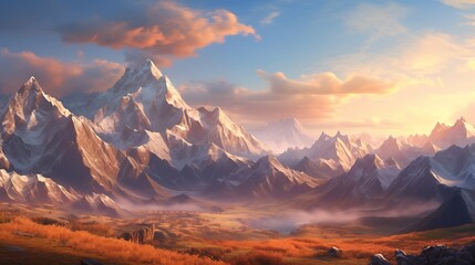 A majestic mountain range bathed in golden sunlight, with rugged peaks stretching into the distance...