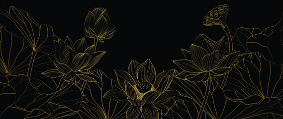 Luxury lotus flower background vector. Elegant gold lotus flower, leaf line art on black background. Japanese and Chinese illustration design for decor, wallpaper, banner, packaging.