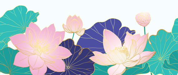 Luxury lotus flower background vector. Elegant pink lotus flowers golden line art, leaves, gradient color on blue. Japanese and Chinese illustration Design for decor, wallpaper, banner, packaging.