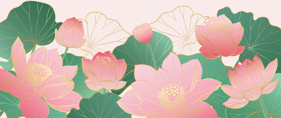 Luxury lotus flower background vector. Elegant pink lotus flowers golden line art, leaves, gradient color. Japanese and Chinese illustration Design for decor, wallpaper, poster, banner, packaging.