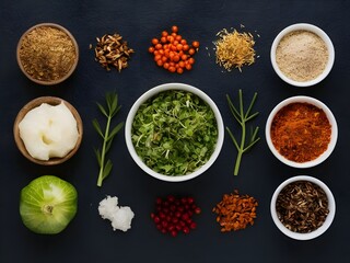 spices and herbs on black background