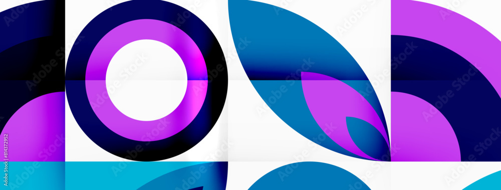 Poster a vibrant color scheme of purple and electric blue forms a circle pattern with a white center on a w