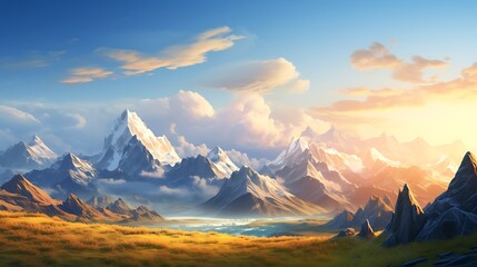 A majestic mountain range bathed in golden sunlight, with rugged peaks stretching into the distance under a clear blue sky.