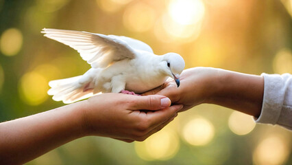 whit sunday, whit monday. a white dove held gently by multiple children's hands, symbolizing peace and hope, soft lighting, religious ceremony background
