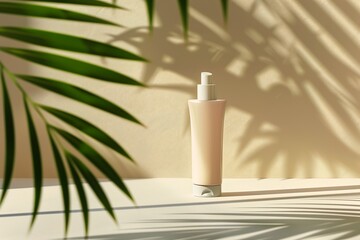 bottle lotion sitting table next palm leaf product design consumer electronics sleek lines powerful pastel gradients princess