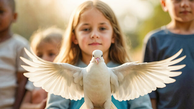 whit sunday, whit monday. a white dove held gently by multiple children's hands, symbolizing peace and hope, soft lighting, religious ceremony background