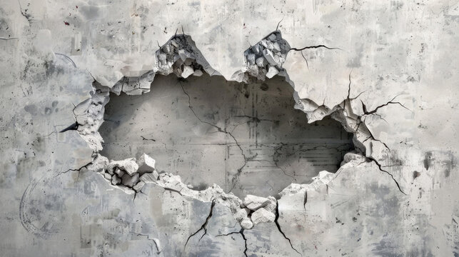 Break through the wall, A jagged hole rupturing through a sturdy gray concrete wall, suggesting a forceful impact or deliberate breach. a powerful visual depiction of destruction or breakthrough.