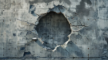 Break through the wall, A jagged hole rupturing through a sturdy gray concrete wall, suggesting a forceful impact or deliberate breach. a powerful visual depiction of destruction or breakthrough.