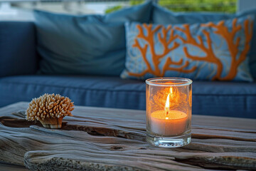 A glowing glass votive candle on a natural driftwood table, with a coral reef pattern pillow on a...