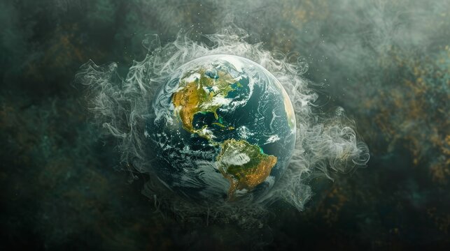 The illustration shows the planet Earth covered in a thick layer of toxic gas, representing the dire consequences of unchecked pollution and the urgent need for environmental actio