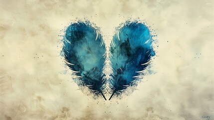 two blue feathers hearts expressive rock pairs wings soft shading air fire fading wall scratches