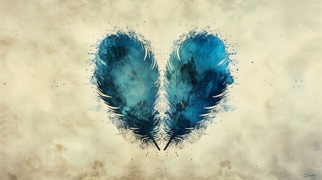 two blue feathers hearts expressive rock pairs wings soft shading air fire fading wall scratches