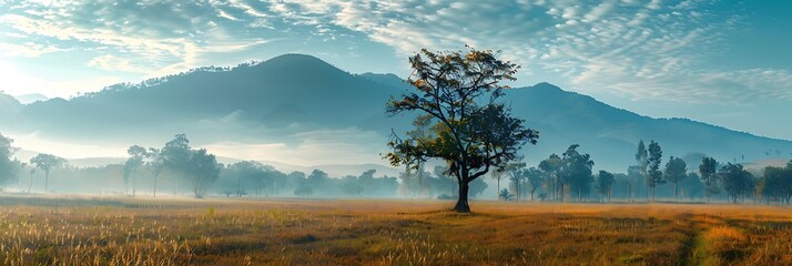 Mountain landscape with wild trees and fields in the early morning realistic nature and landscape