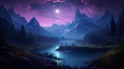 a mountain in the night sky with colorful lights, generative ai
