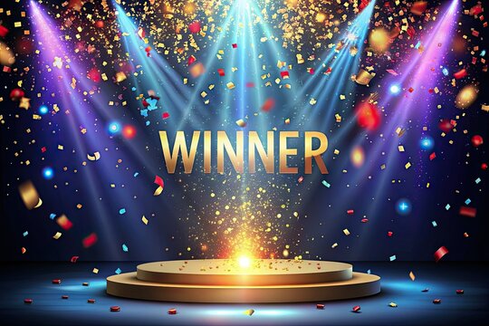 Winner background with confetti. Celebrating announcement award podium with sparkle effect vector poster