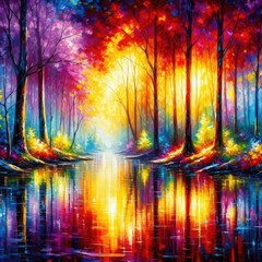 vibrant and colorful painting of a forest scene with reflections on water, trees in red, yellow, purple, and blue, sunlight filtering through, magical atmosphere, and visible brush strokes.