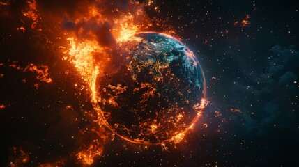 The image shows a planet on fire