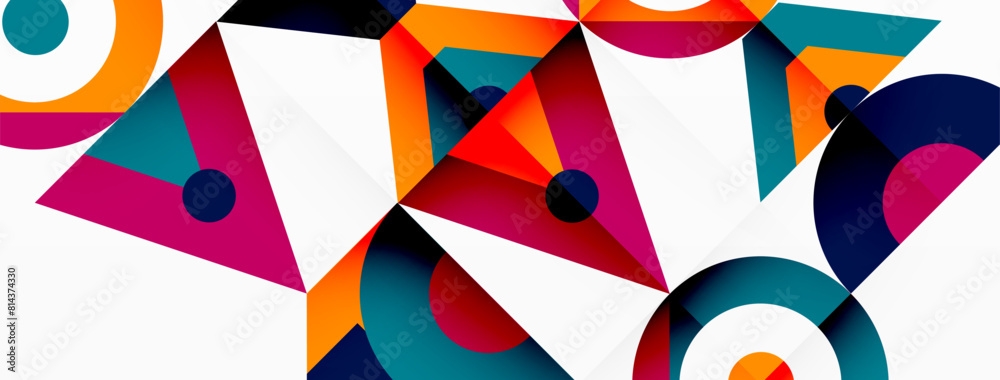 Poster an artistic closeup of a colorful geometric pattern with circles and triangles in magenta and electr