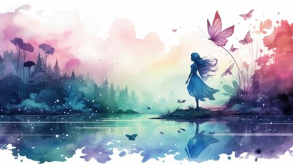 Fairy flat design side view mystical lake theme water color Tetradic color scheme