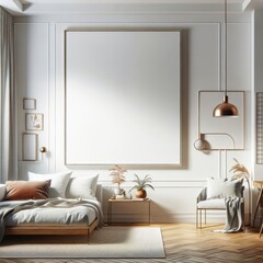 A Room with a template mockup poster empty white and with a large picture frame realistic attractive card design.