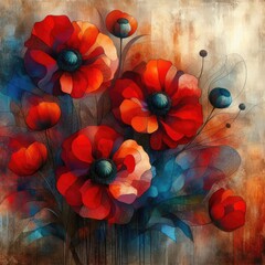 vibrant, stylized poppy flowers with prominent petals in shades of red and orange, set against a textured background with abstract elements and hints of blue, dark centers, green stems