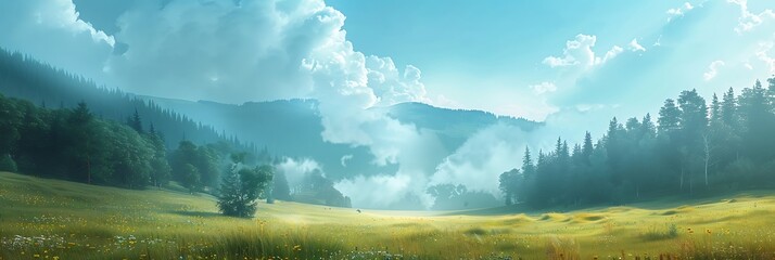 mountain meadow in morning light, countryside springtime landscape with valley in fog behind the forest on the grassy hill, fluffy clouds on a bright blue sky, nature freshness concept - Powered by Adobe