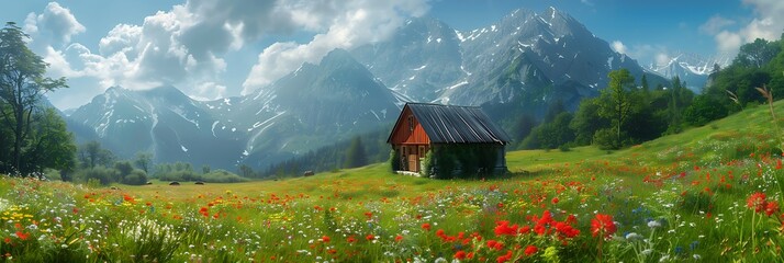 Mountain meadow with flowers herbs an and old hut realistic nature and landscape
