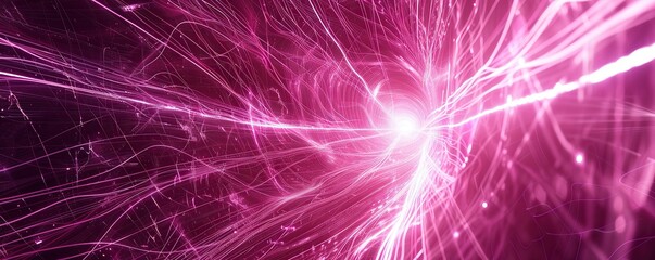 A panoramic view of deep magenta and bright white lines weaving through a dark setting