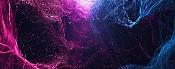 Obraz premium A panoramic view of deep magenta and electric blue lines weaving through a dark setting