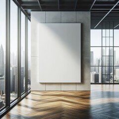 A white poster on a wall in a Room with a template mockup poster empty white and with a view of a city image art photo used for printing card design.