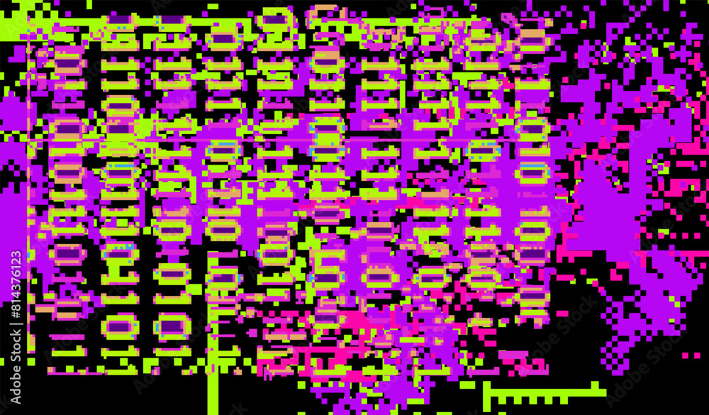 Poster Abstract green and violet neon background with glitched binary code.