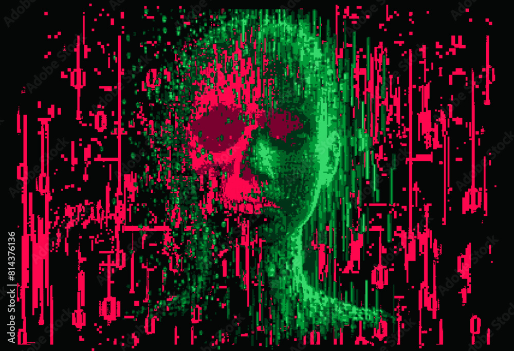 Aufkleber Collage of binary code and pixelated human face on a dark background. Conceptual vector illustration on the topic of virtual reality and technology.