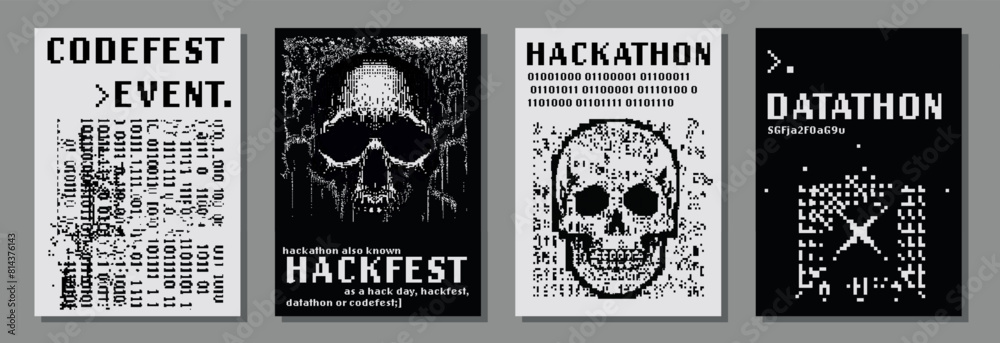 Aufkleber set of posters for hackathon (also known as a hack day, hackfest, datathon or codefest) event with p