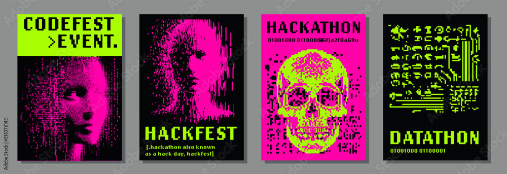 Poster set of neon futuristic posters with pixel art illustrations of human head and skull. covers for hack