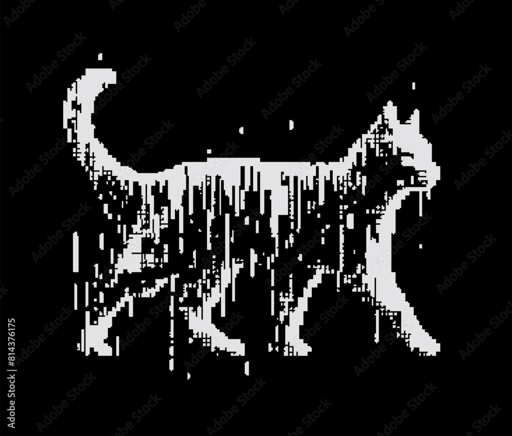 Poster A pixel black-and-white illustration of a cat set in a simulation of virtual reality.