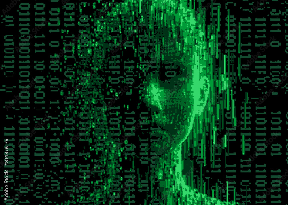 Poster 3D human head and binary code on a dark background in pixel art style. Conceptual vector illustration of virtual and augmented reality.