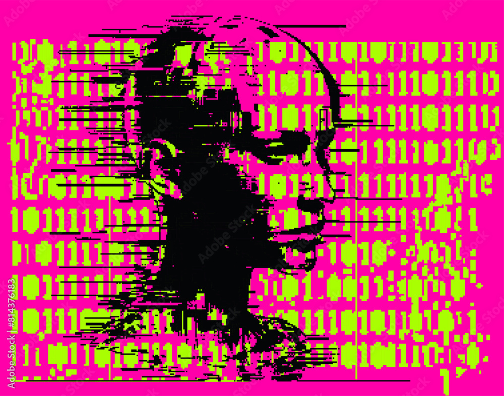 Poster Collage of binary code and pixelated human face on a neon pink background. Conceptual vector illustration on the topic of virtual reality and technology.